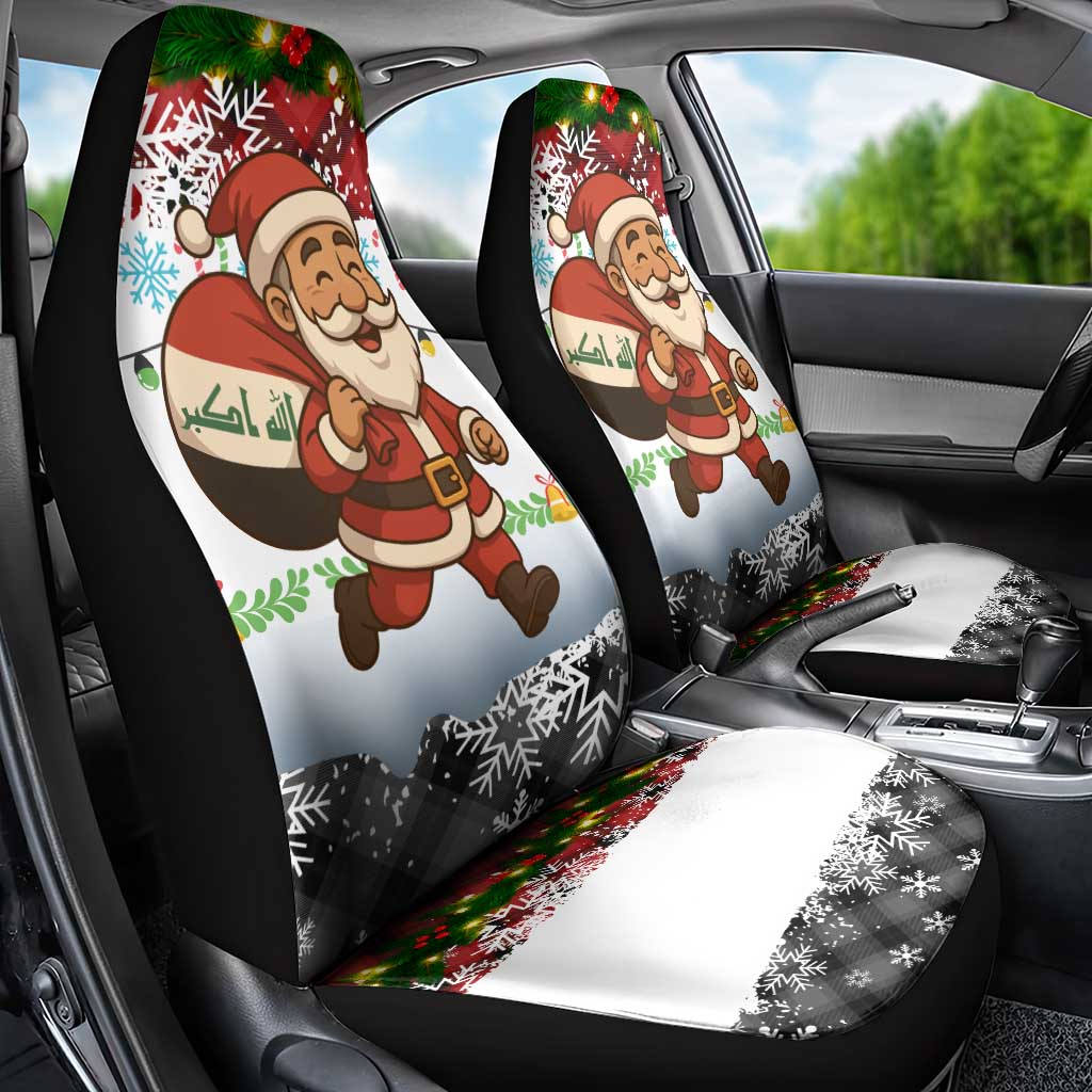 Iraq Christmas Car Seat Cover with Santa Carrying Gift Bag Flag Garland and Snowflake Plaid Pattern - Wonder Print Shop