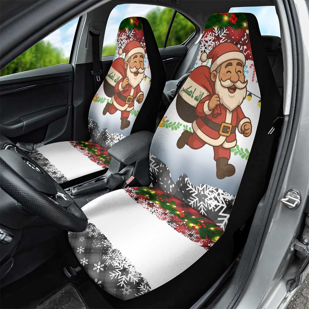 Iraq Christmas Car Seat Cover with Santa Carrying Gift Bag Flag Garland and Snowflake Plaid Pattern - Wonder Print Shop