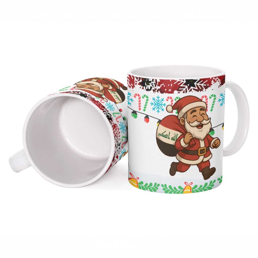 Iraq Christmas Ceramic Mug with Santa Carrying Gift Bag Flag Garland and Snowflake Plaid Pattern - Wonder Print Shop