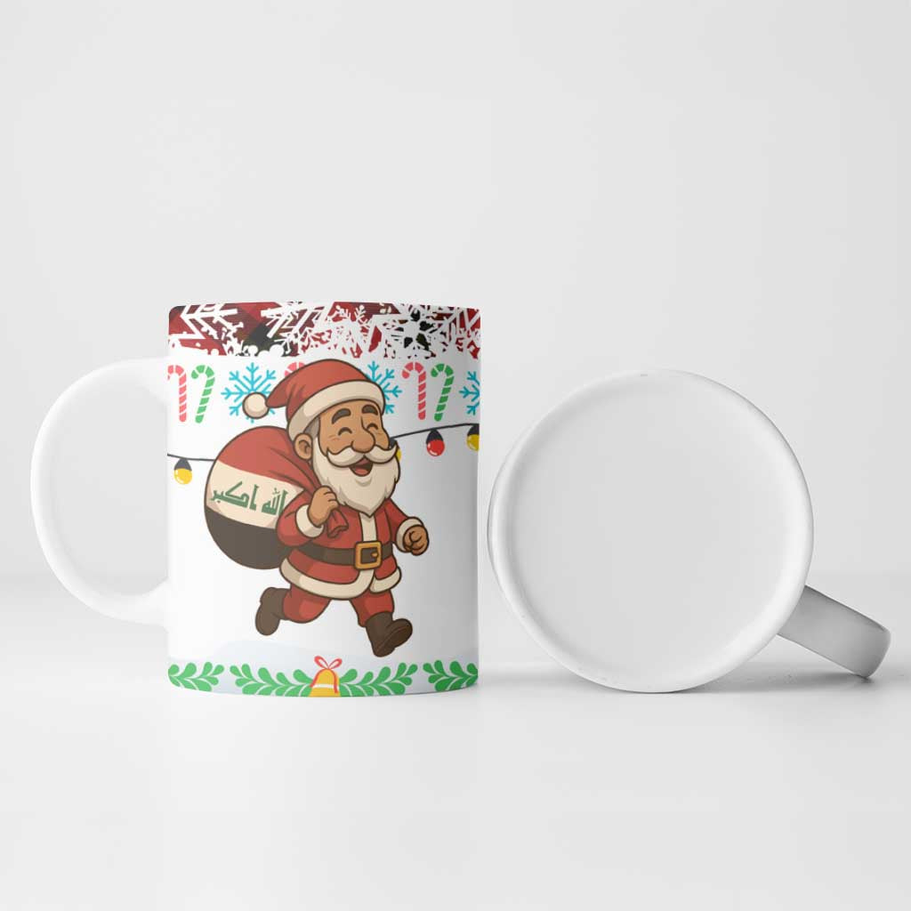 Iraq Christmas Ceramic Mug with Santa Carrying Gift Bag Flag Garland and Snowflake Plaid Pattern - Wonder Print Shop