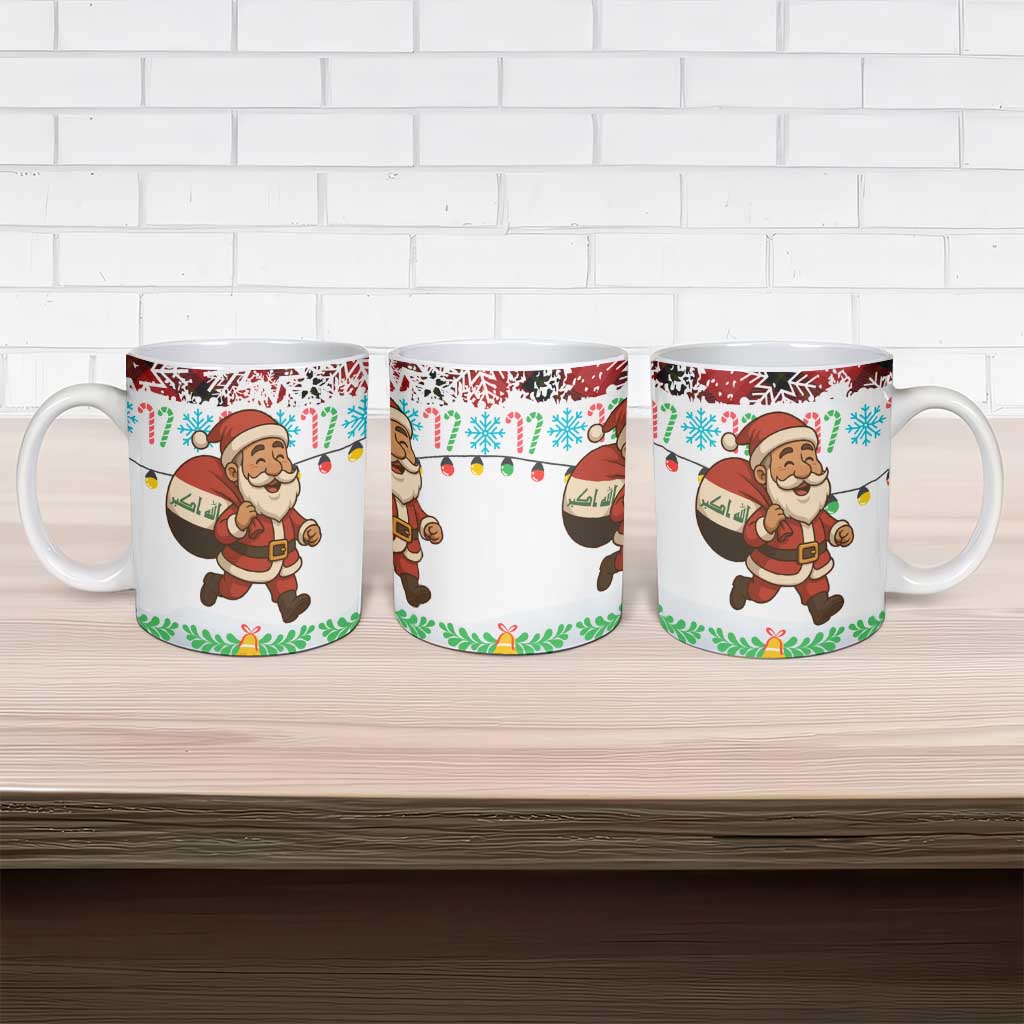 Iraq Christmas Ceramic Mug with Santa Carrying Gift Bag Flag Garland and Snowflake Plaid Pattern - Wonder Print Shop