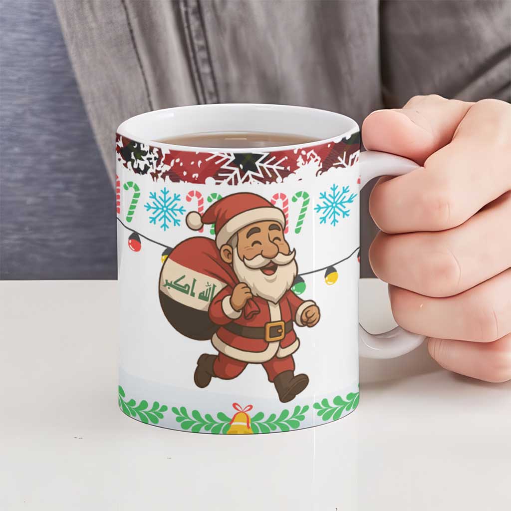 Iraq Christmas Ceramic Mug with Santa Carrying Gift Bag Flag Garland and Snowflake Plaid Pattern - Wonder Print Shop