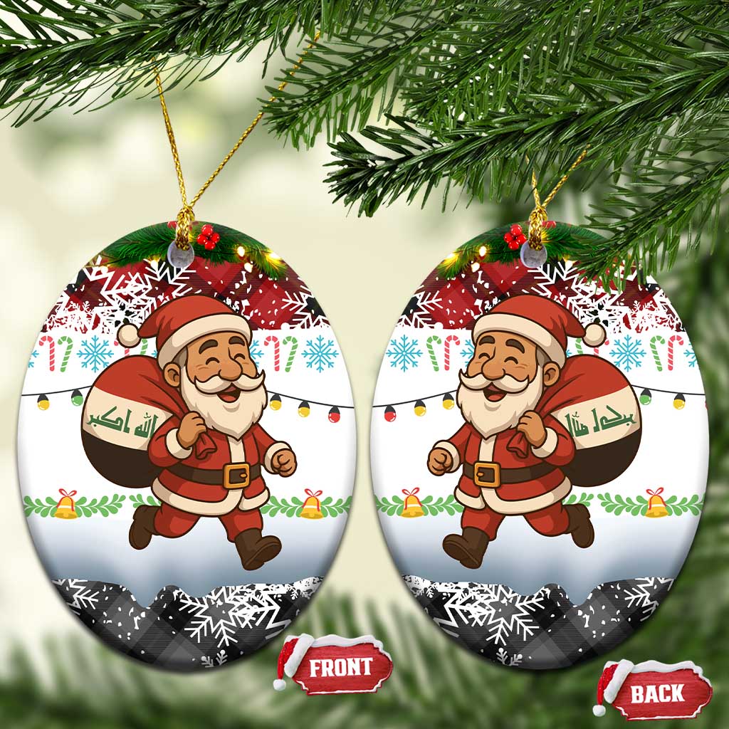 Iraq Christmas Ceramic Ornament with Santa Carrying Gift Bag Flag Garland and Snowflake Plaid Pattern - Wonder Print Shop
