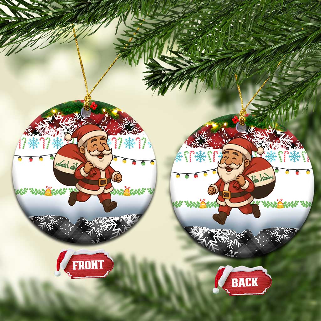 Iraq Christmas Ceramic Ornament with Santa Carrying Gift Bag Flag Garland and Snowflake Plaid Pattern - Wonder Print Shop