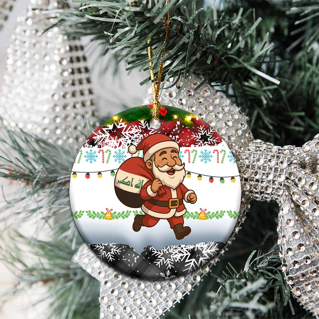 Iraq Christmas Ceramic Ornament with Santa Carrying Gift Bag Flag Garland and Snowflake Plaid Pattern - Wonder Print Shop
