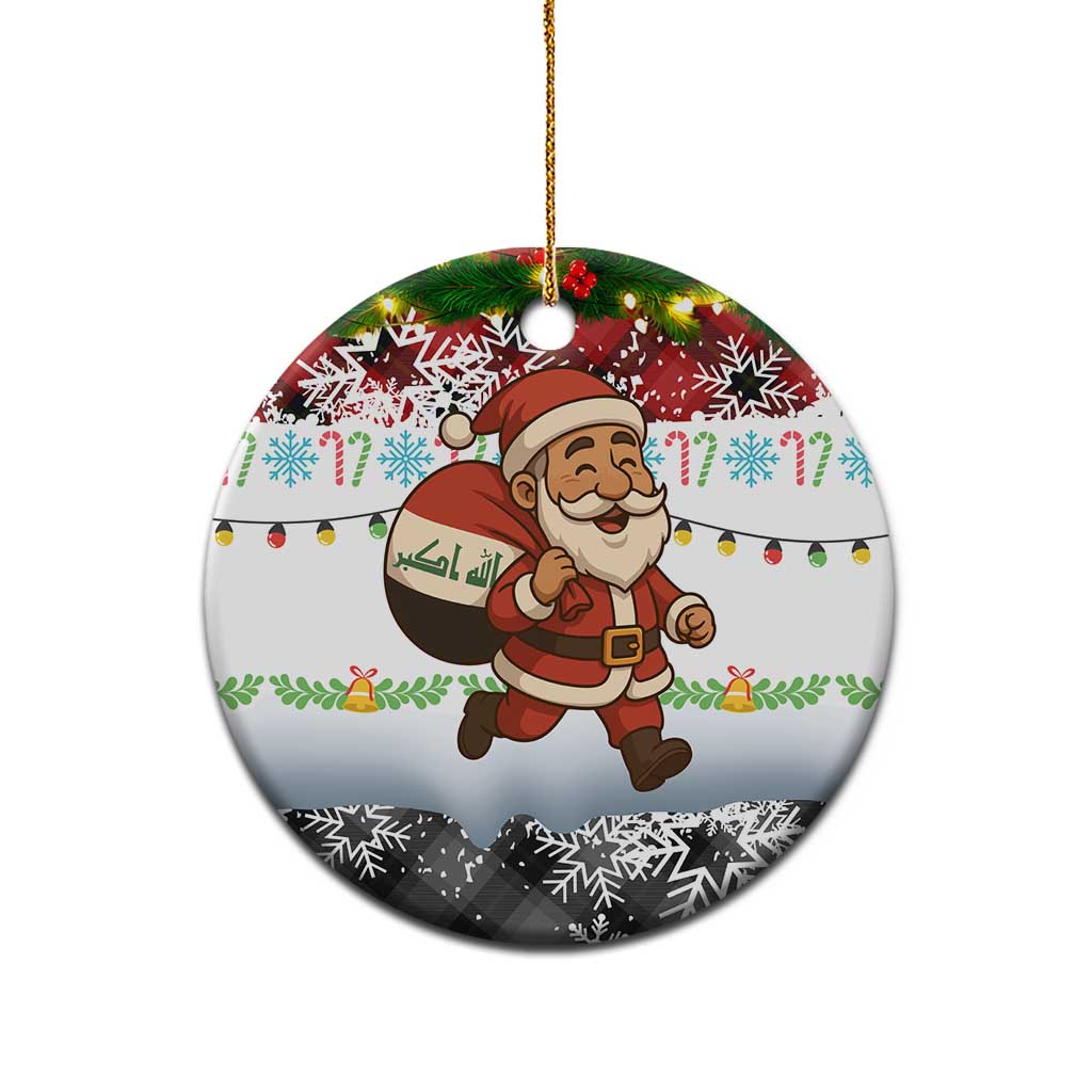Iraq Christmas Ceramic Ornament with Santa Carrying Gift Bag Flag Garland and Snowflake Plaid Pattern - Wonder Print Shop