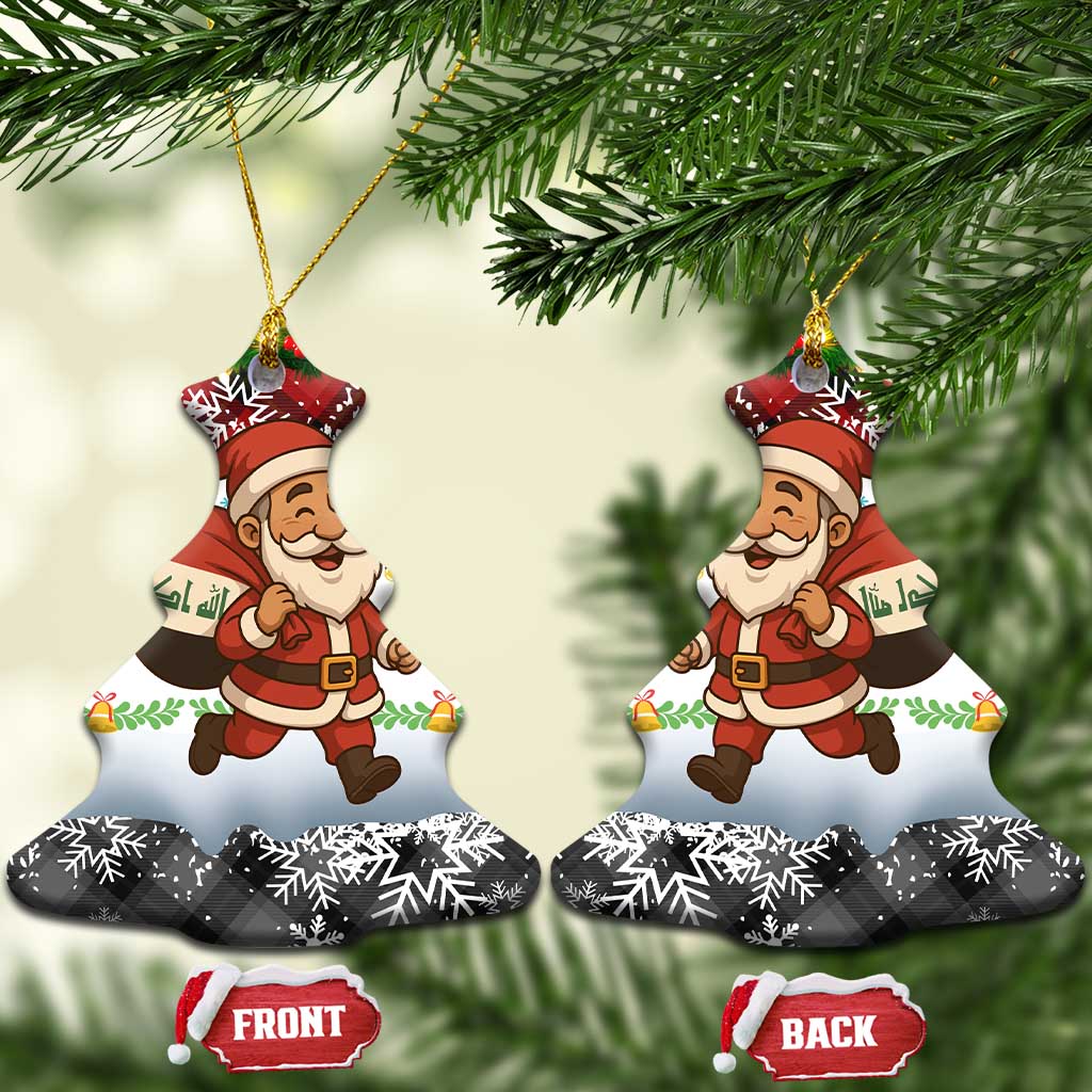 Iraq Christmas Ceramic Ornament with Santa Carrying Gift Bag Flag Garland and Snowflake Plaid Pattern - Wonder Print Shop