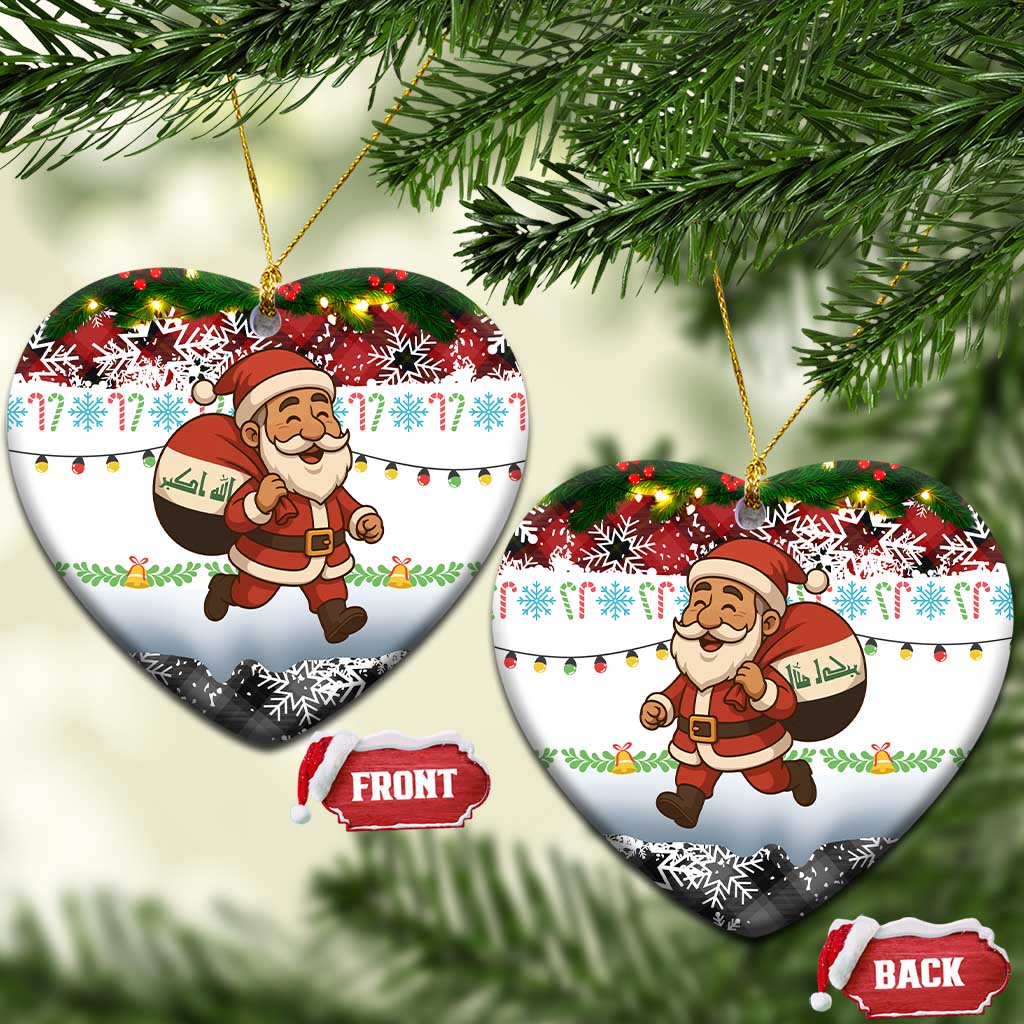 Iraq Christmas Ceramic Ornament with Santa Carrying Gift Bag Flag Garland and Snowflake Plaid Pattern - Wonder Print Shop