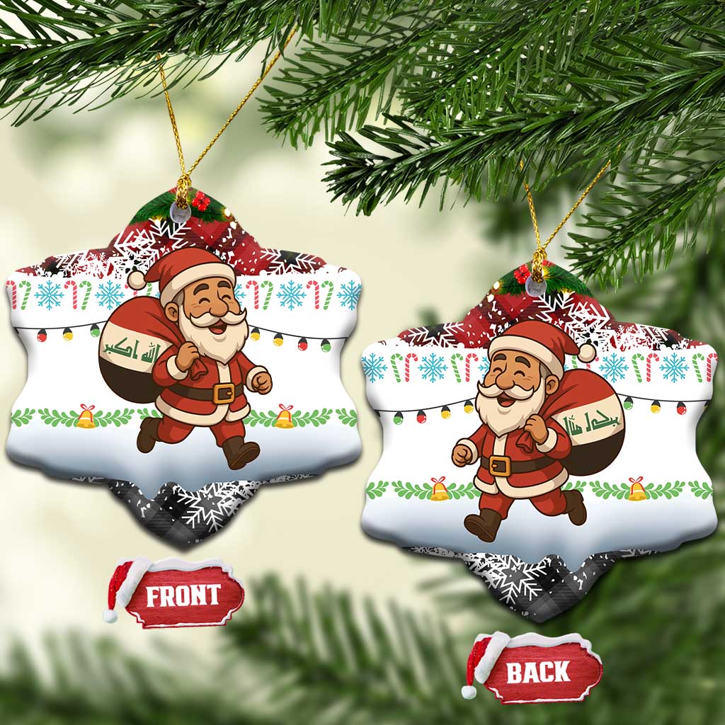 Iraq Christmas Ceramic Ornament with Santa Carrying Gift Bag Flag Garland and Snowflake Plaid Pattern - Wonder Print Shop