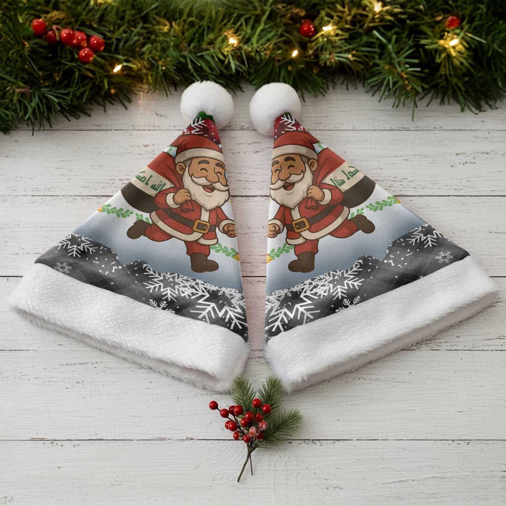 Iraq Christmas Santa Hat with Santa Carrying Gift Bag Flag Garland and Snowflake Plaid Pattern - Wonder Print Shop