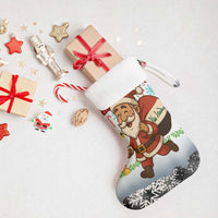 Iraq Christmas Stocking with Santa Carrying Gift Bag Flag Garland and Snowflake Plaid Pattern - Wonder Print Shop