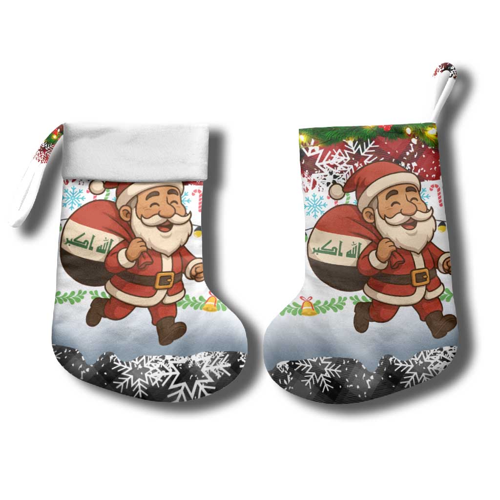 Iraq Christmas Stocking with Santa Carrying Gift Bag Flag Garland and Snowflake Plaid Pattern - Wonder Print Shop