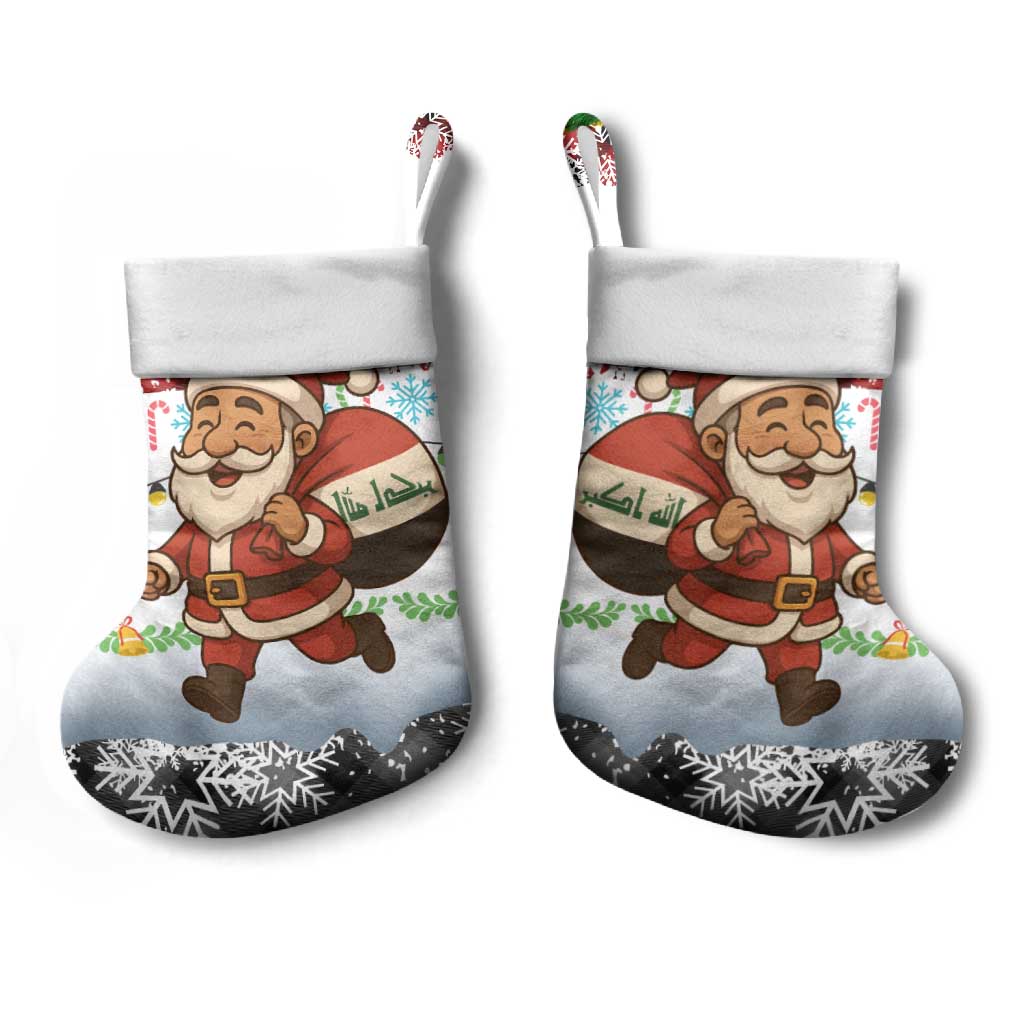 Iraq Christmas Stocking with Santa Carrying Gift Bag Flag Garland and Snowflake Plaid Pattern - Wonder Print Shop