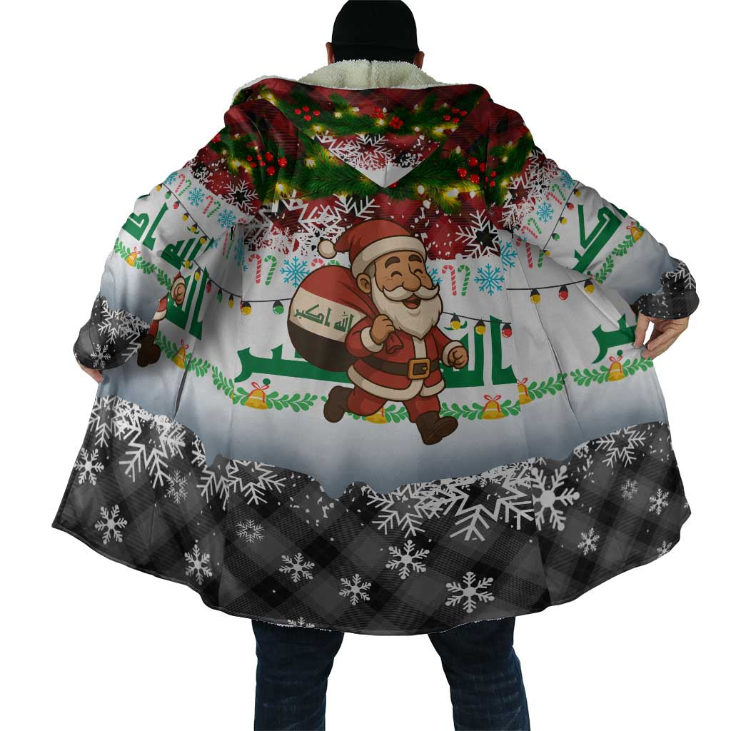 Iraq Christmas Cloak with Santa Carrying Gift Bag Flag Garland and Snowflake Plaid Pattern - Wonder Print Shop