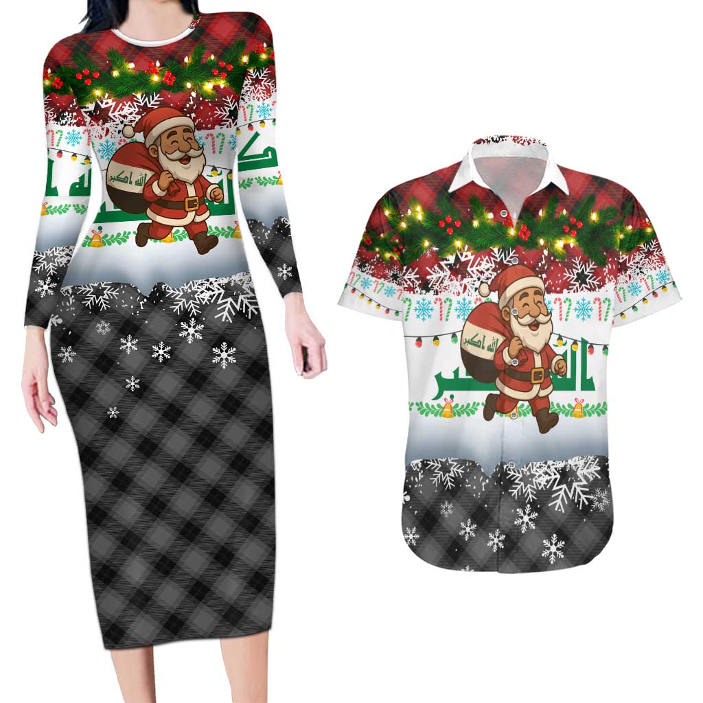 Iraq Christmas Couples Matching Long Sleeve Bodycon Dress and Hawaiian Shirt with Santa Carrying Gift Bag Flag Garland and Snowflake Plaid Pattern - Wonder Print Shop