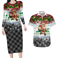 Iraq Christmas Couples Matching Long Sleeve Bodycon Dress and Hawaiian Shirt with Santa Carrying Gift Bag Flag Garland and Snowflake Plaid Pattern - Wonder Print Shop