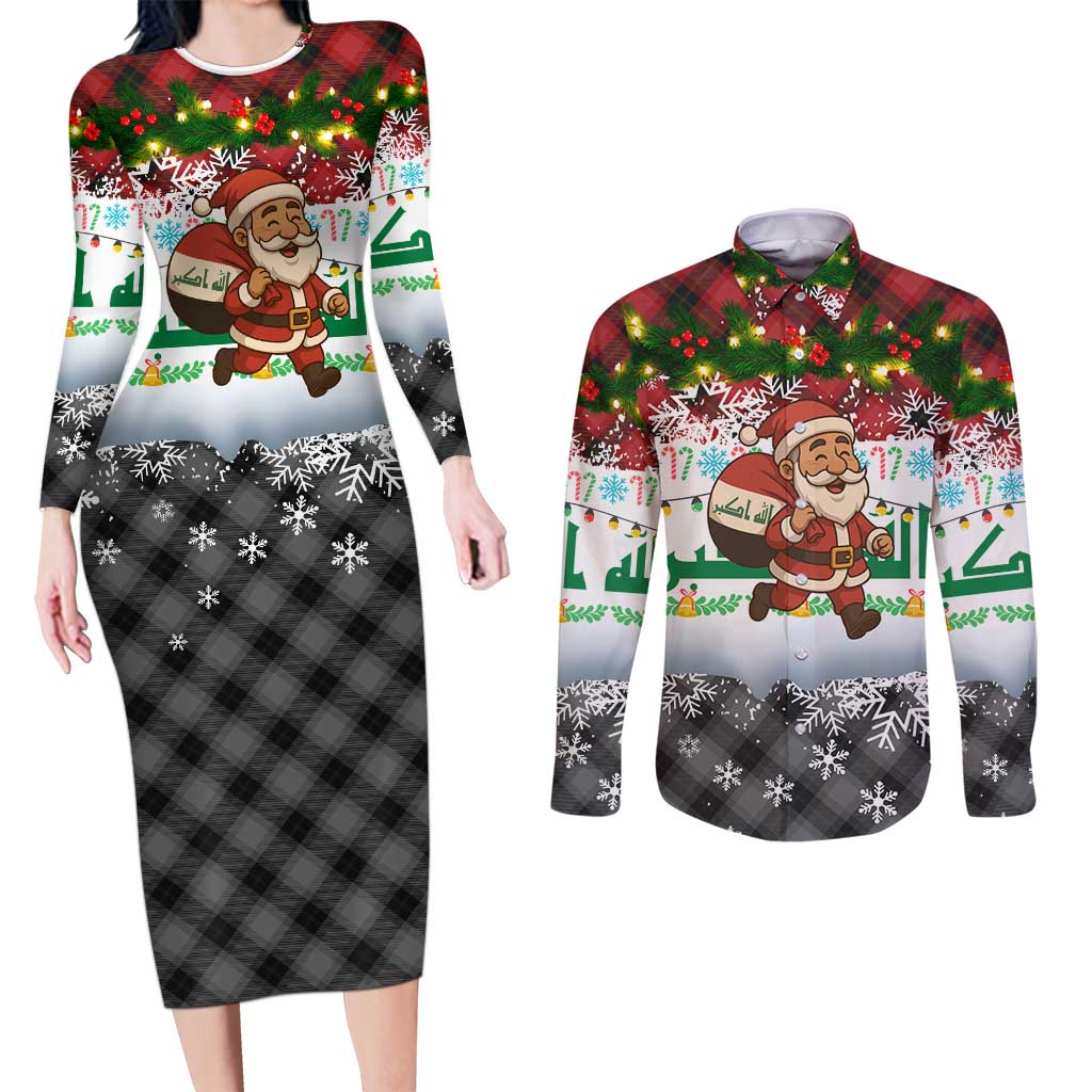 Iraq Christmas Couples Matching Long Sleeve Bodycon Dress and Long Sleeve Button Shirt with Santa Carrying Gift Bag Flag Garland and Snowflake Plaid Pattern - Wonder Print Shop