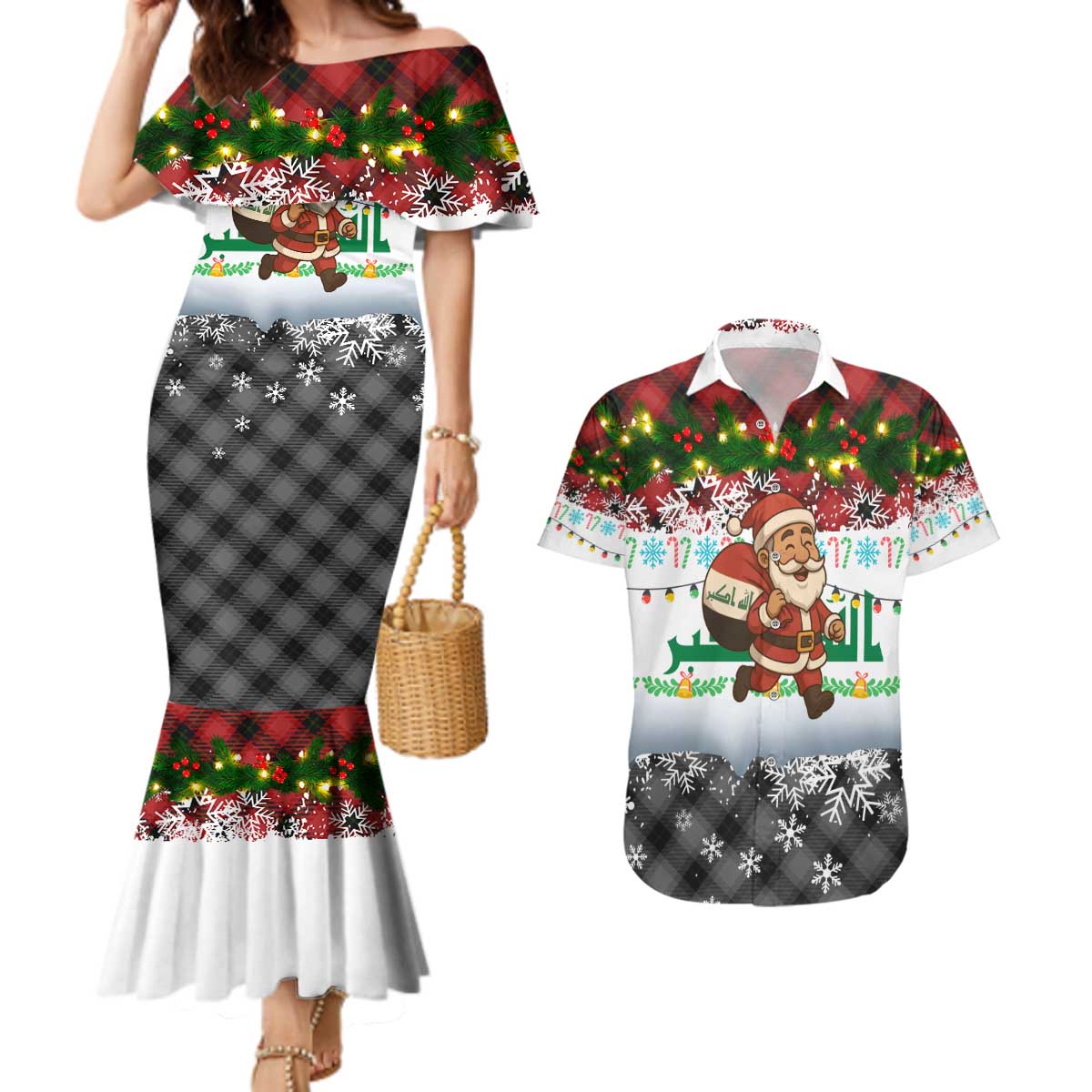 Iraq Christmas Couples Matching Mermaid Dress and Hawaiian Shirt with Santa Carrying Gift Bag Flag Garland and Snowflake Plaid Pattern - Wonder Print Shop