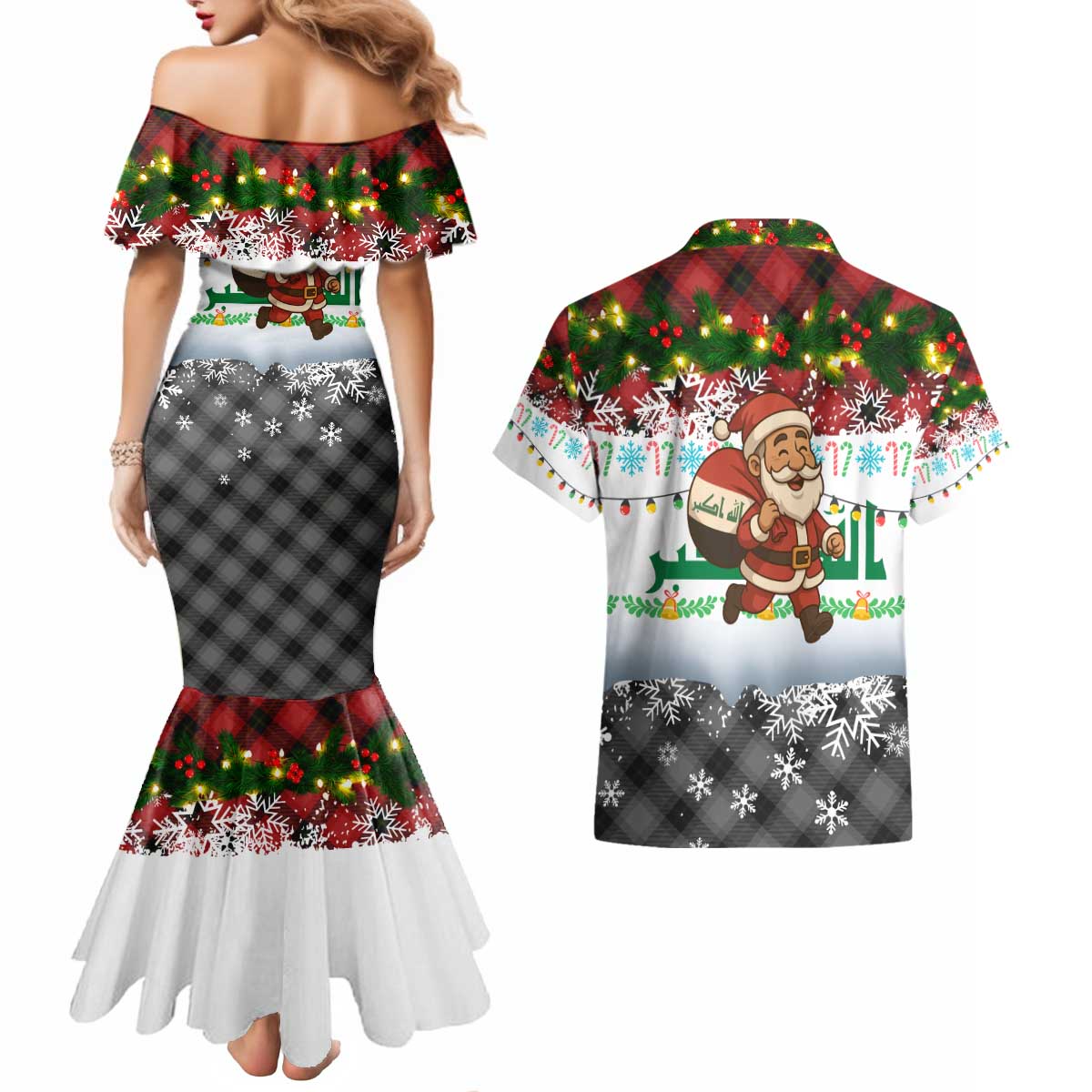 Iraq Christmas Couples Matching Mermaid Dress and Hawaiian Shirt with Santa Carrying Gift Bag Flag Garland and Snowflake Plaid Pattern - Wonder Print Shop