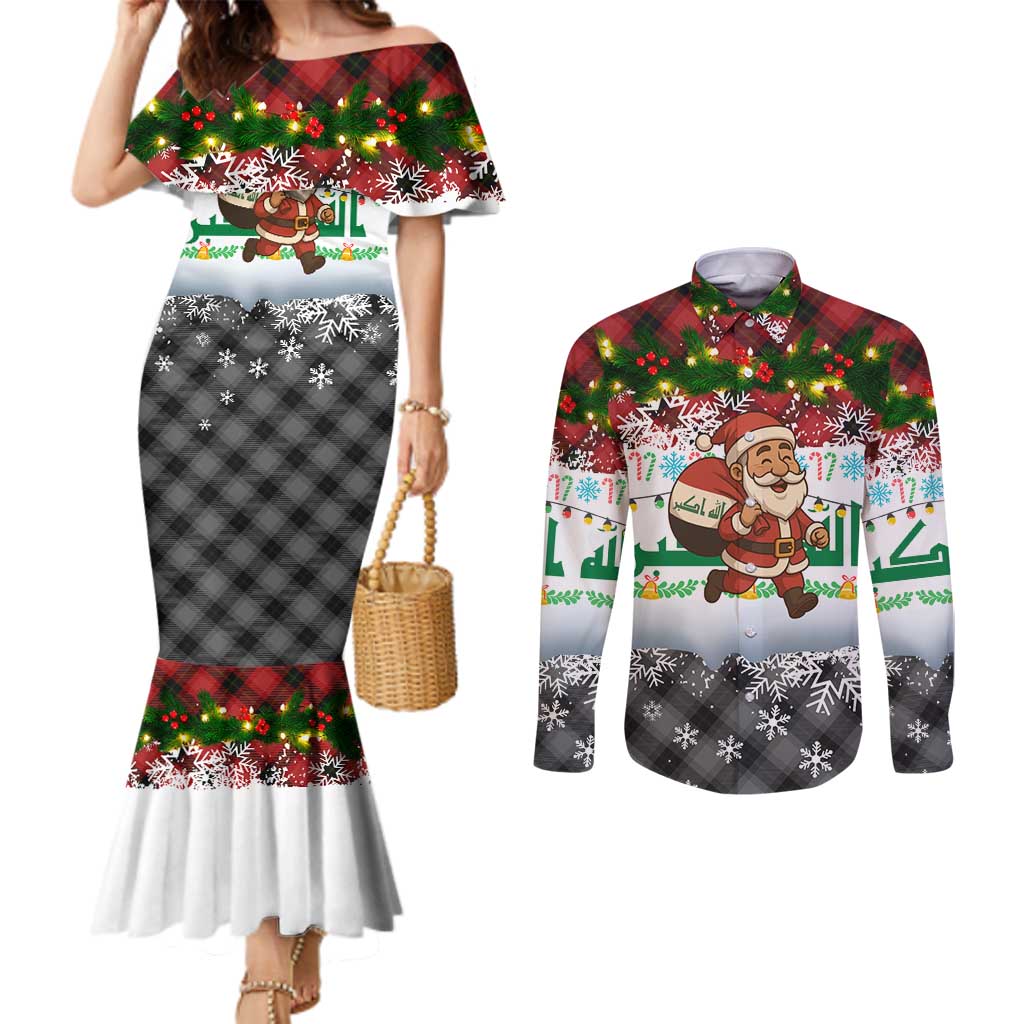 Iraq Christmas Couples Matching Mermaid Dress and Long Sleeve Button Shirt with Santa Carrying Gift Bag Flag Garland and Snowflake Plaid Pattern - Wonder Print Shop