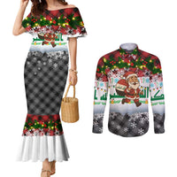 Iraq Christmas Couples Matching Mermaid Dress and Long Sleeve Button Shirt with Santa Carrying Gift Bag Flag Garland and Snowflake Plaid Pattern - Wonder Print Shop