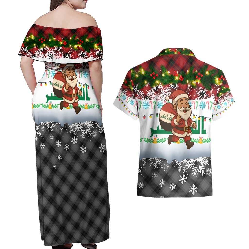 Iraq Christmas Couples Matching Off Shoulder Maxi Dress and Hawaiian Shirt with Santa Carrying Gift Bag Flag Garland and Snowflake Plaid Pattern - Wonder Print Shop