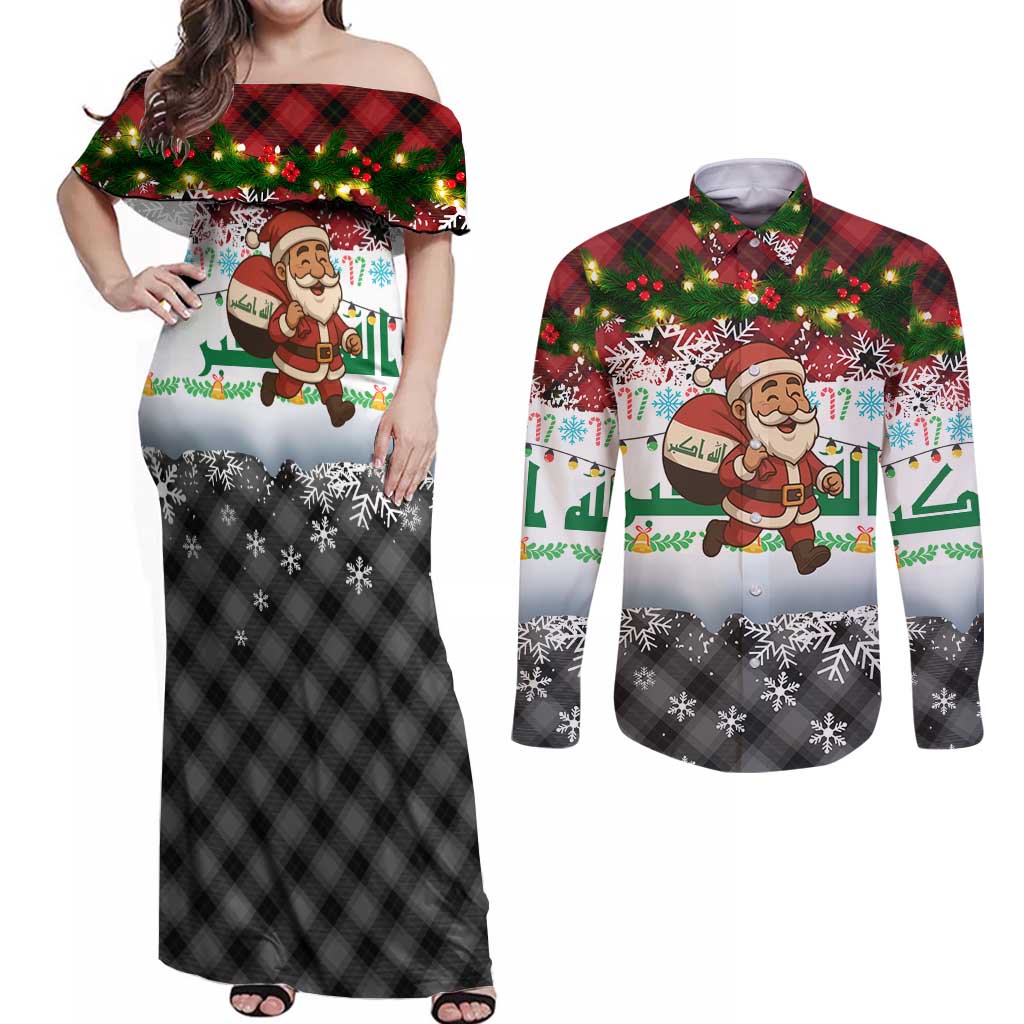 Iraq Christmas Couples Matching Off Shoulder Maxi Dress and Long Sleeve Button Shirt with Santa Carrying Gift Bag Flag Garland and Snowflake Plaid Pattern - Wonder Print Shop