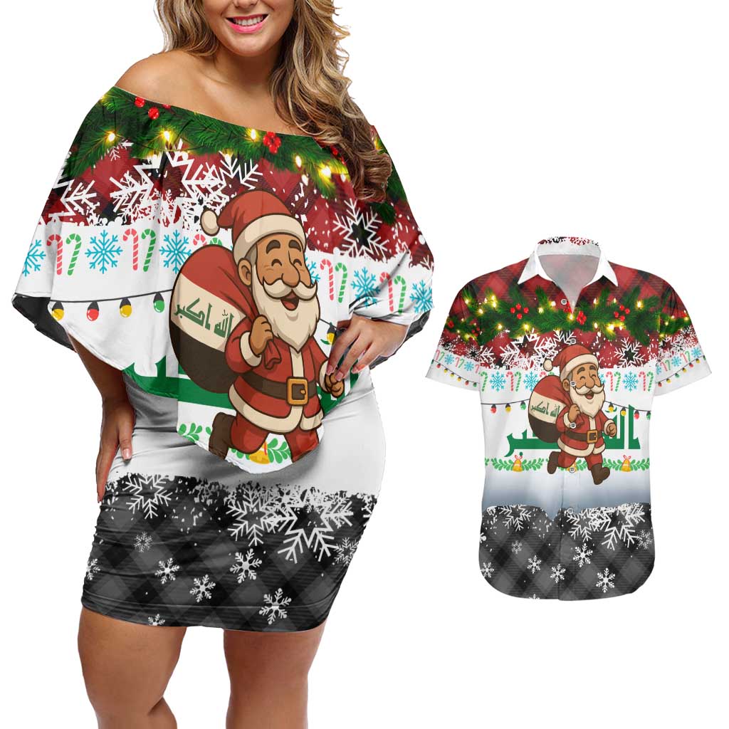 Iraq Christmas Couples Matching Off Shoulder Short Dress and Hawaiian Shirt with Santa Carrying Gift Bag Flag Garland and Snowflake Plaid Pattern - Wonder Print Shop