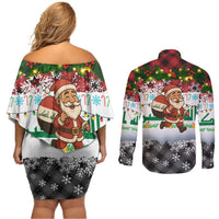 Iraq Christmas Couples Matching Off Shoulder Short Dress and Long Sleeve Button Shirt with Santa Carrying Gift Bag Flag Garland and Snowflake Plaid Pattern - Wonder Print Shop