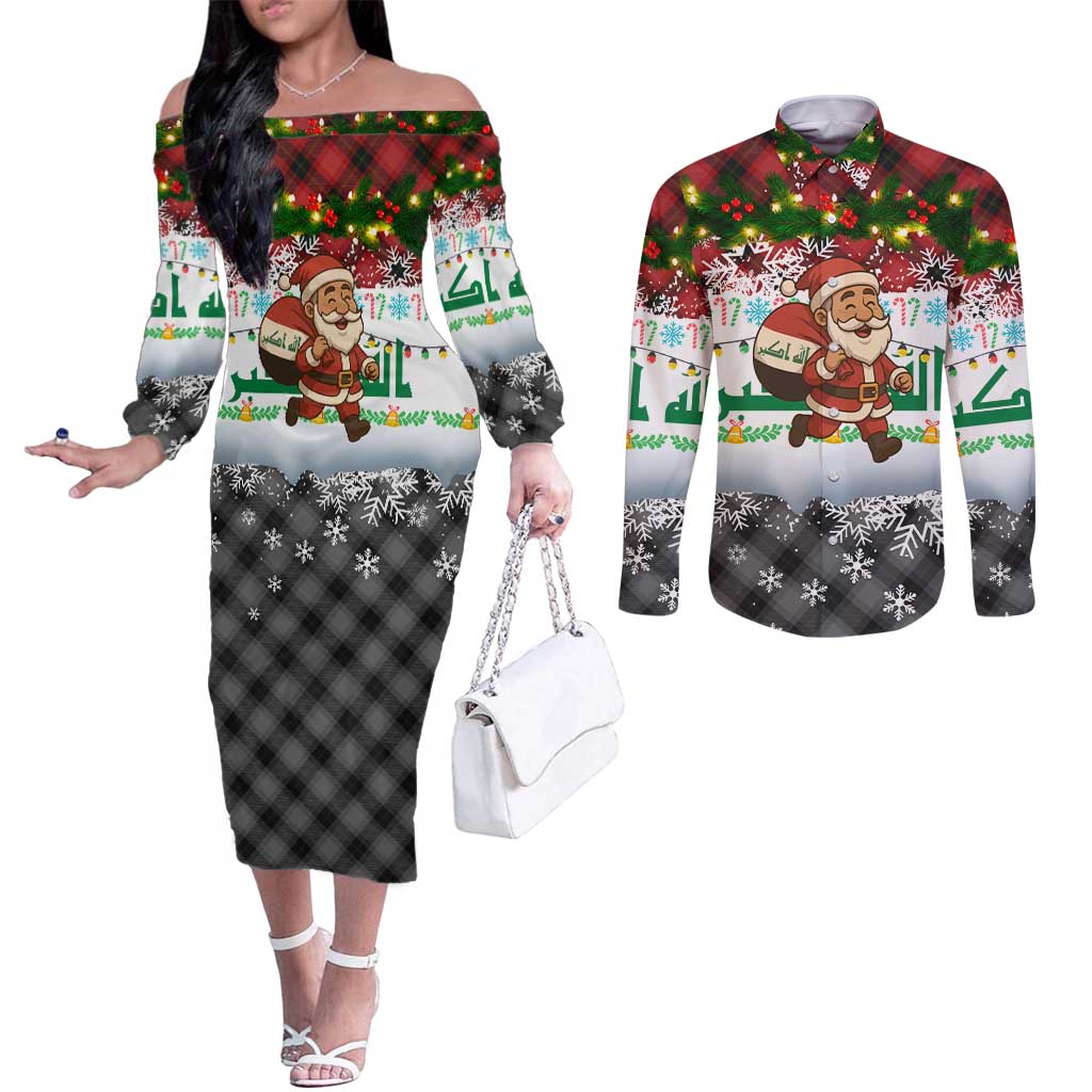 Iraq Christmas Couples Matching Off The Shoulder Long Sleeve Dress and Long Sleeve Button Shirt with Santa Carrying Gift Bag Flag Garland and Snowflake Plaid Pattern - Wonder Print Shop