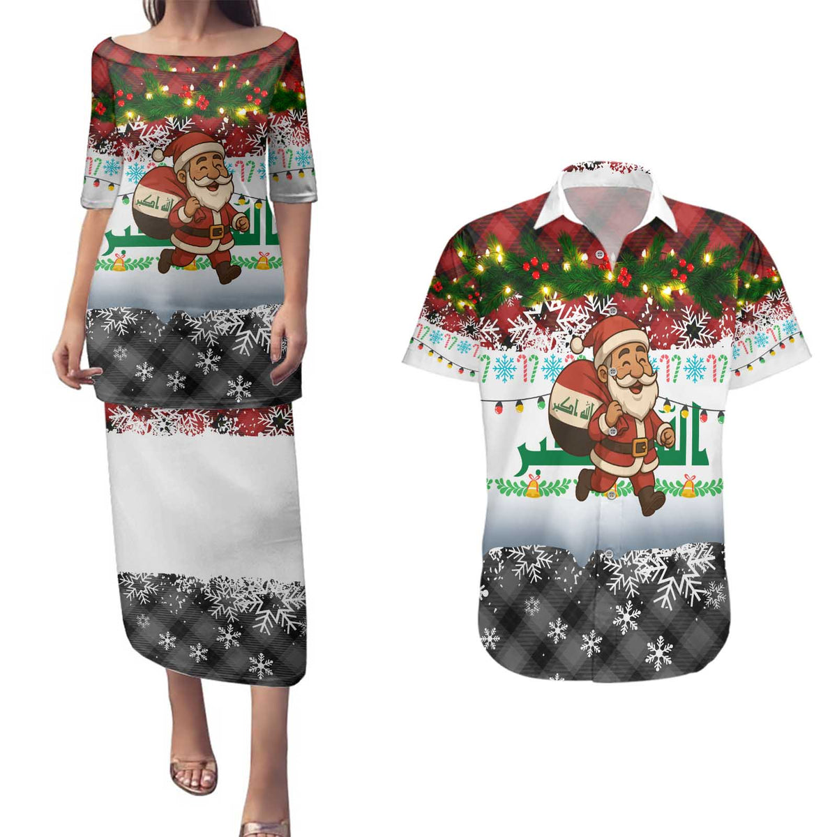Iraq Christmas Couples Matching Puletasi and Hawaiian Shirt with Santa Carrying Gift Bag Flag Garland and Snowflake Plaid Pattern - Wonder Print Shop