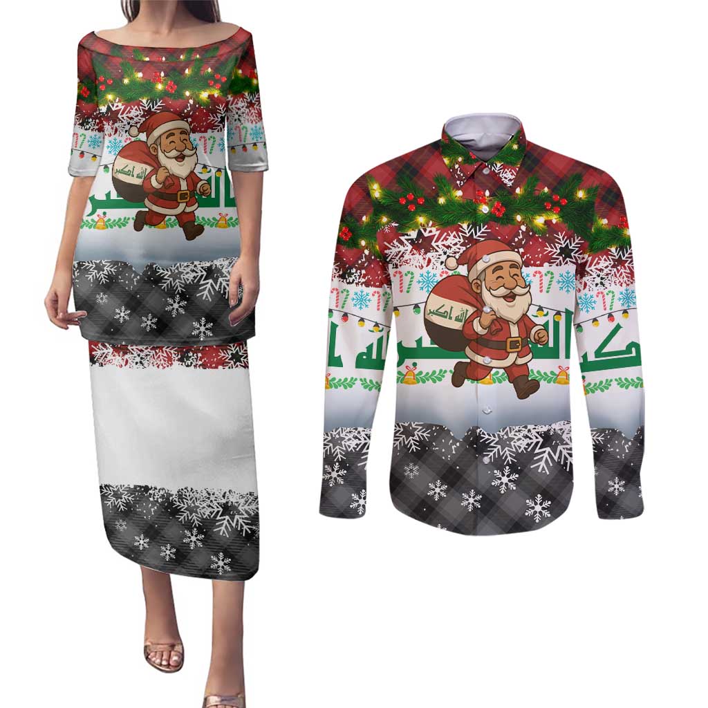 Iraq Christmas Couples Matching Puletasi and Long Sleeve Button Shirt with Santa Carrying Gift Bag Flag Garland and Snowflake Plaid Pattern - Wonder Print Shop