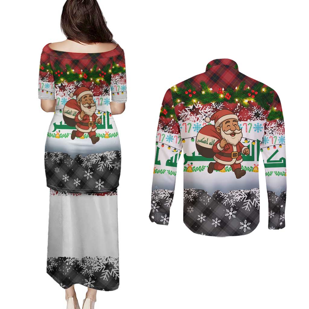 Iraq Christmas Couples Matching Puletasi and Long Sleeve Button Shirt with Santa Carrying Gift Bag Flag Garland and Snowflake Plaid Pattern - Wonder Print Shop