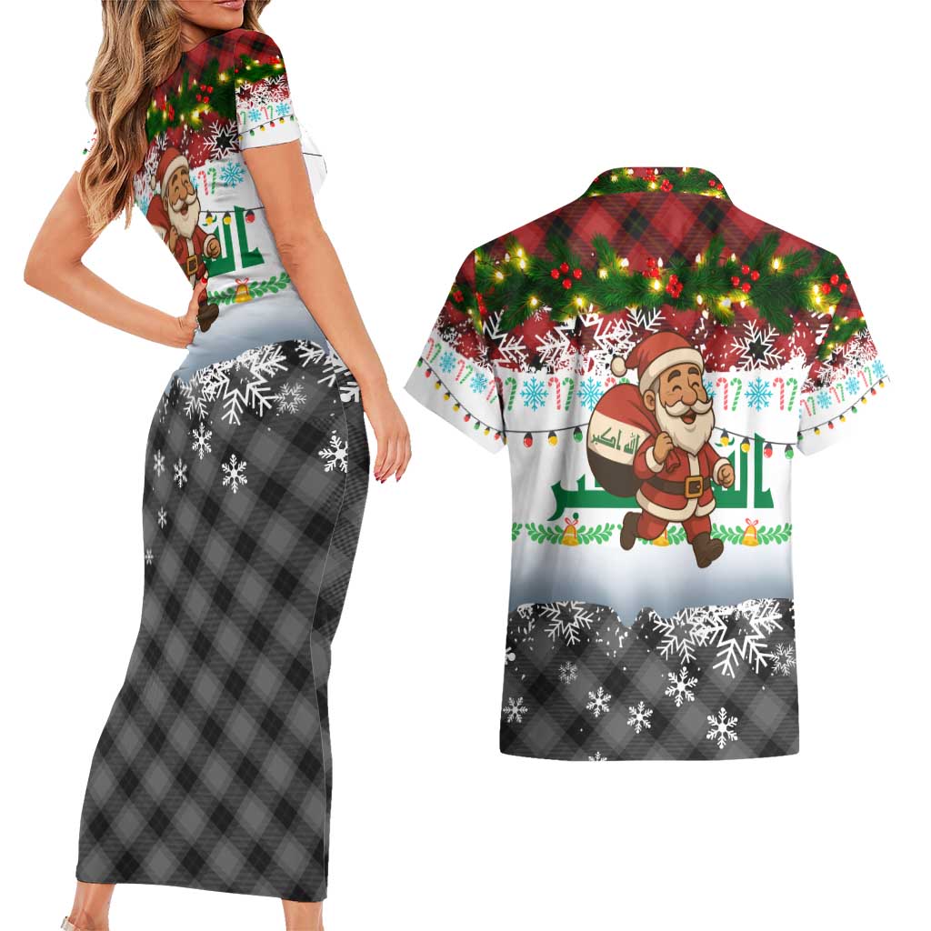 Iraq Christmas Couples Matching Short Sleeve Bodycon Dress and Hawaiian Shirt with Santa Carrying Gift Bag Flag Garland and Snowflake Plaid Pattern - Wonder Print Shop