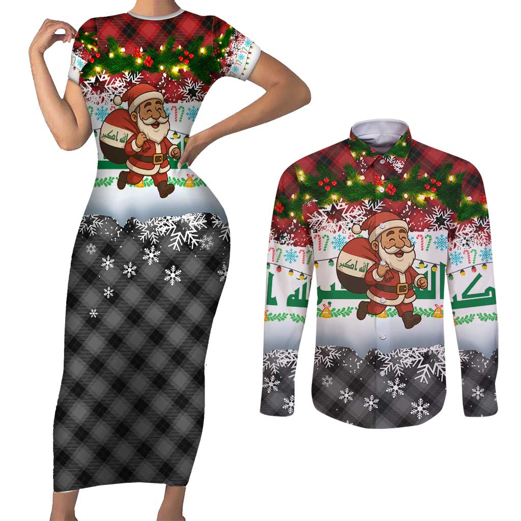 Iraq Christmas Couples Matching Short Sleeve Bodycon Dress and Long Sleeve Button Shirt with Santa Carrying Gift Bag Flag Garland and Snowflake Plaid Pattern - Wonder Print Shop