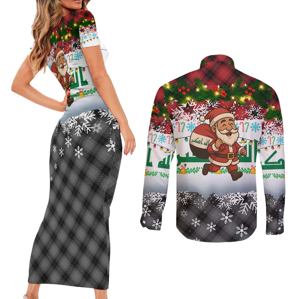 Iraq Christmas Couples Matching Short Sleeve Bodycon Dress and Long Sleeve Button Shirt with Santa Carrying Gift Bag Flag Garland and Snowflake Plaid Pattern - Wonder Print Shop