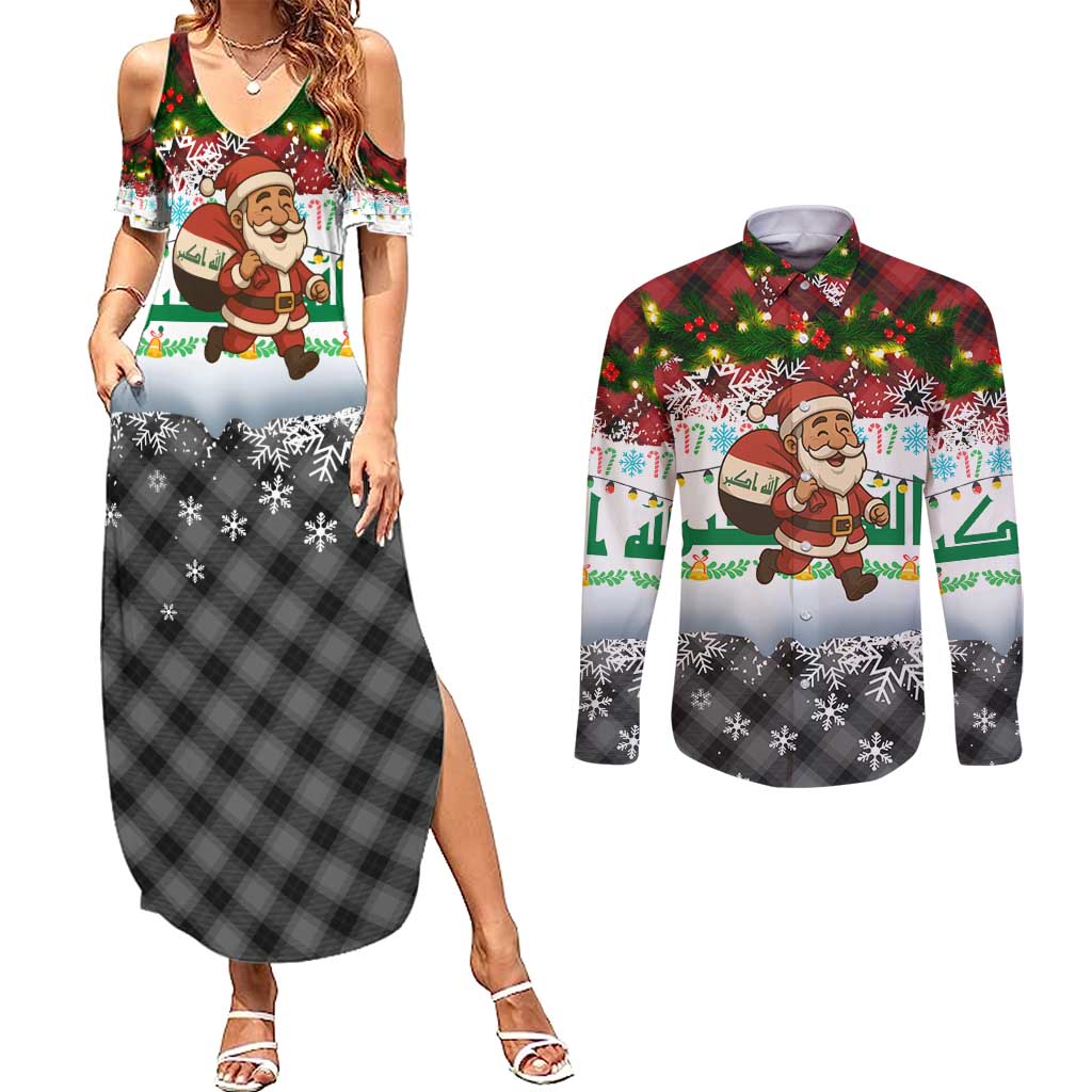 Iraq Christmas Couples Matching Summer Maxi Dress and Long Sleeve Button Shirt with Santa Carrying Gift Bag Flag Garland and Snowflake Plaid Pattern - Wonder Print Shop