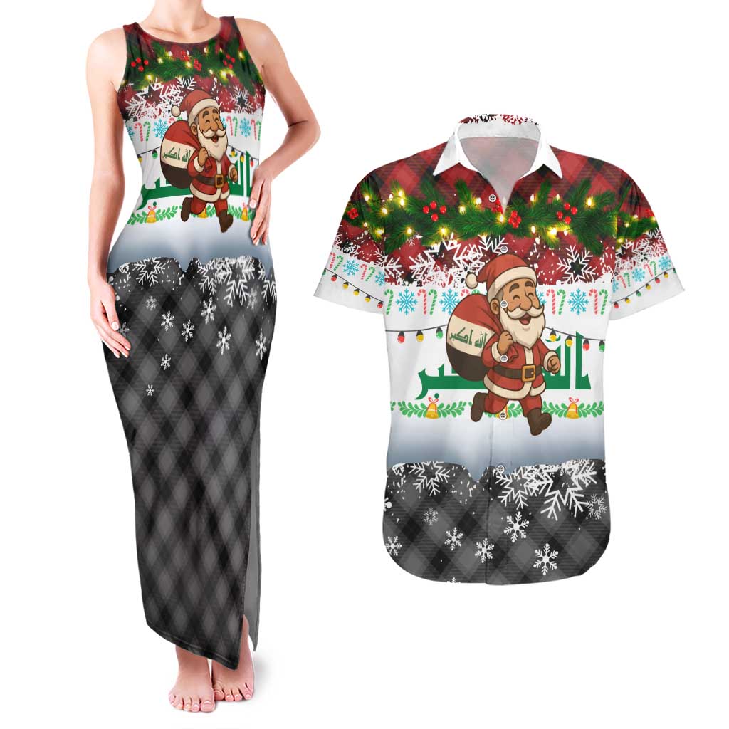 Iraq Christmas Couples Matching Tank Maxi Dress and Hawaiian Shirt with Santa Carrying Gift Bag Flag Garland and Snowflake Plaid Pattern - Wonder Print Shop