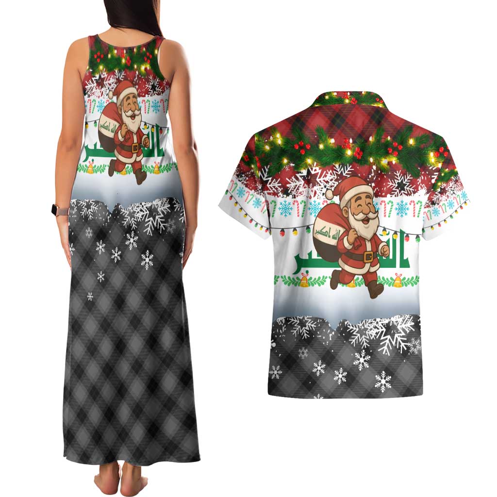 Iraq Christmas Couples Matching Tank Maxi Dress and Hawaiian Shirt with Santa Carrying Gift Bag Flag Garland and Snowflake Plaid Pattern - Wonder Print Shop