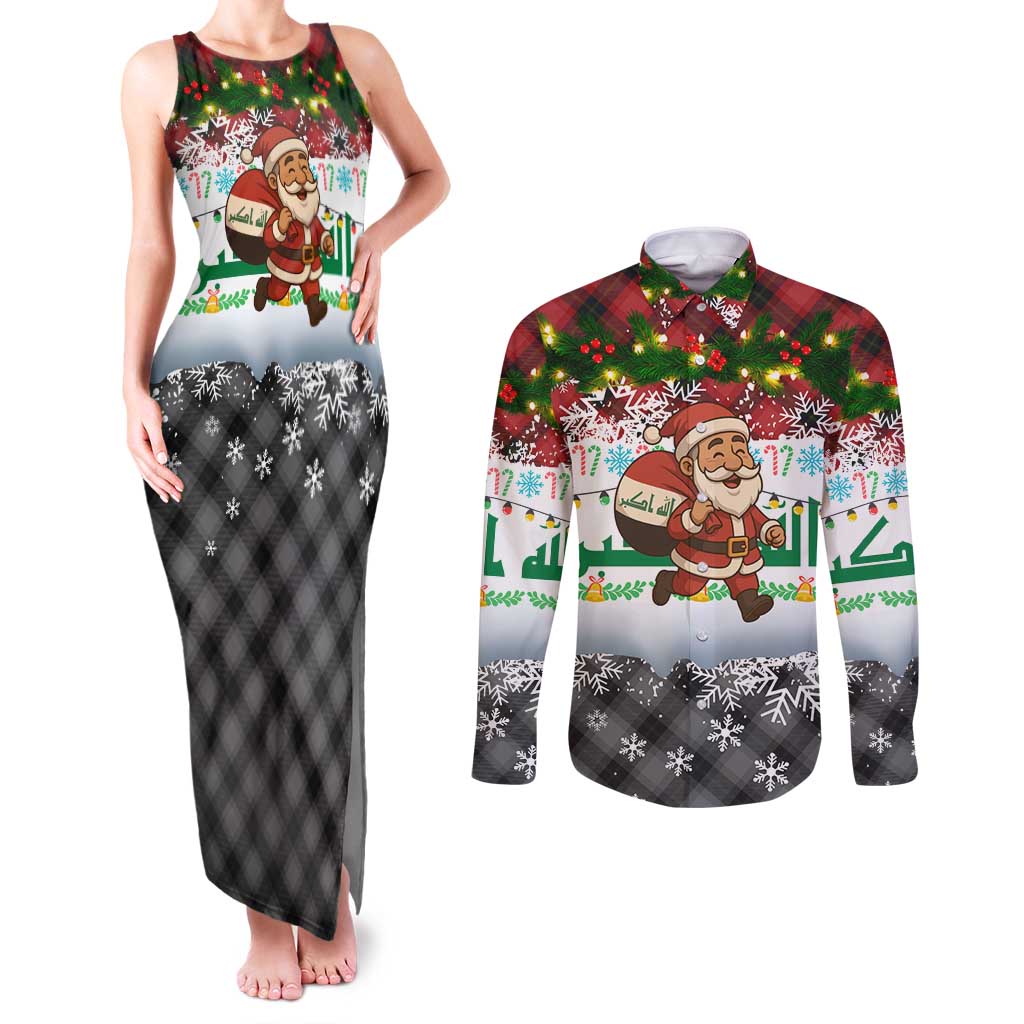 Iraq Christmas Couples Matching Tank Maxi Dress and Long Sleeve Button Shirt with Santa Carrying Gift Bag Flag Garland and Snowflake Plaid Pattern - Wonder Print Shop