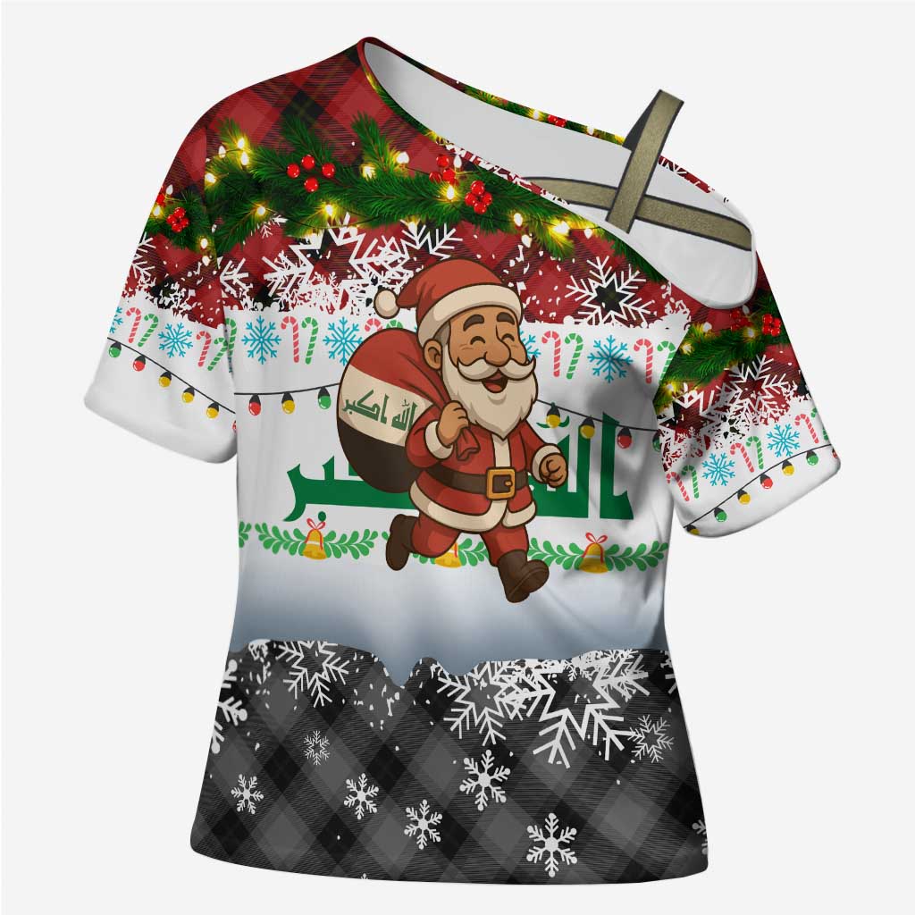 Iraq Christmas Cross Shoulder Shirt with Santa Carrying Gift Bag Flag Garland and Snowflake Plaid Pattern - Wonder Print Shop