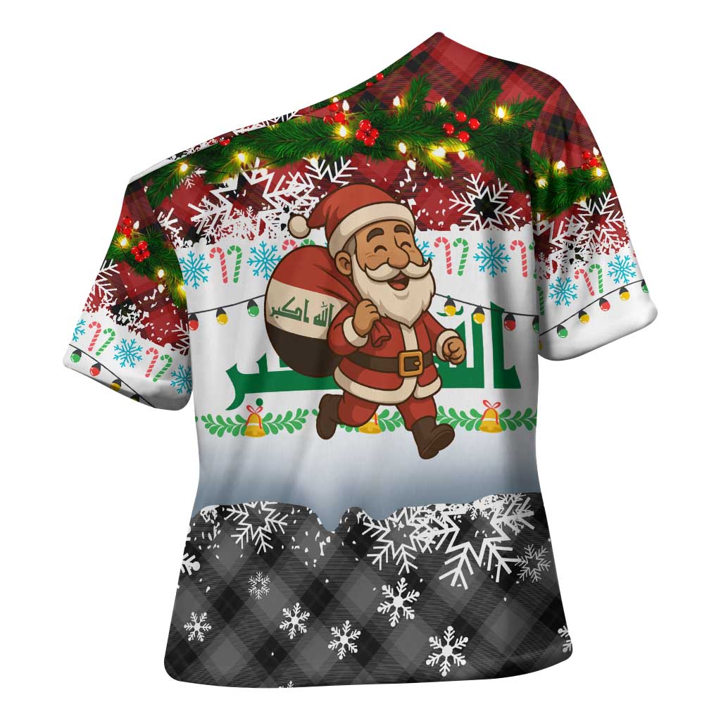 Iraq Christmas Cross Shoulder Shirt with Santa Carrying Gift Bag Flag Garland and Snowflake Plaid Pattern - Wonder Print Shop