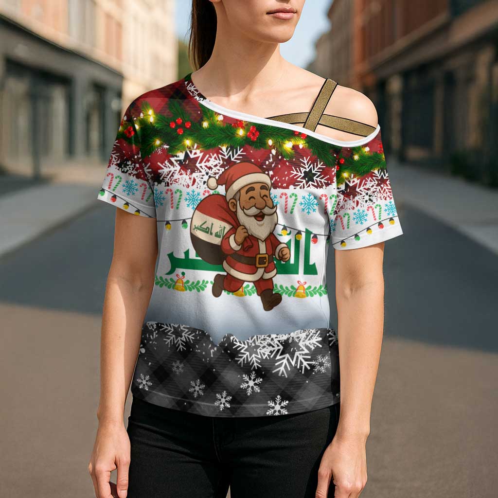 Iraq Christmas Cross Shoulder Shirt with Santa Carrying Gift Bag Flag Garland and Snowflake Plaid Pattern - Wonder Print Shop