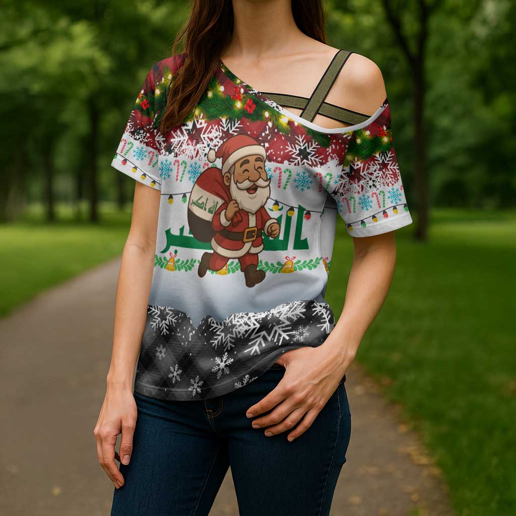 Iraq Christmas Cross Shoulder Shirt with Santa Carrying Gift Bag Flag Garland and Snowflake Plaid Pattern - Wonder Print Shop