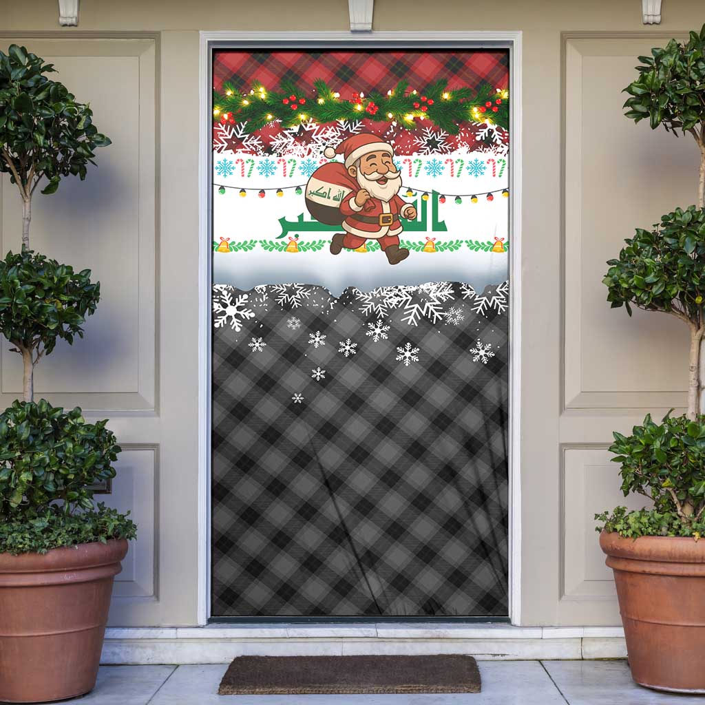 Iraq Christmas Door Cover with Santa Carrying Gift Bag Flag Garland and Snowflake Plaid Pattern - Wonder Print Shop