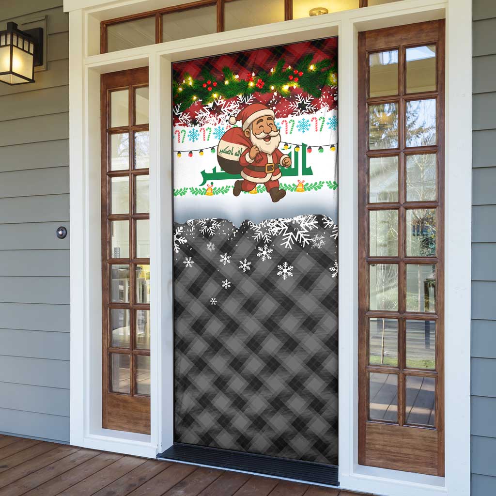 Iraq Christmas Door Cover with Santa Carrying Gift Bag Flag Garland and Snowflake Plaid Pattern - Wonder Print Shop