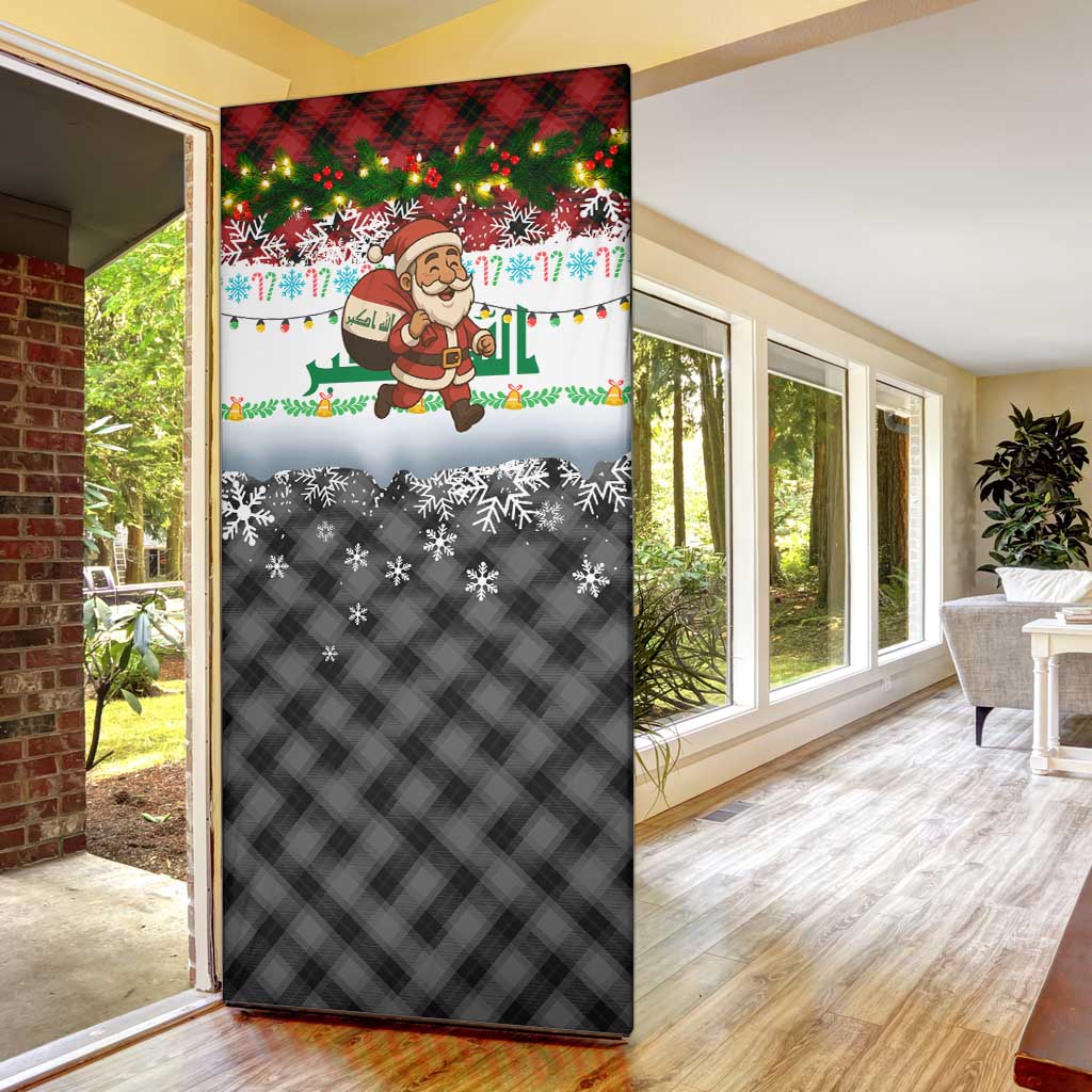 Iraq Christmas Door Cover with Santa Carrying Gift Bag Flag Garland and Snowflake Plaid Pattern - Wonder Print Shop