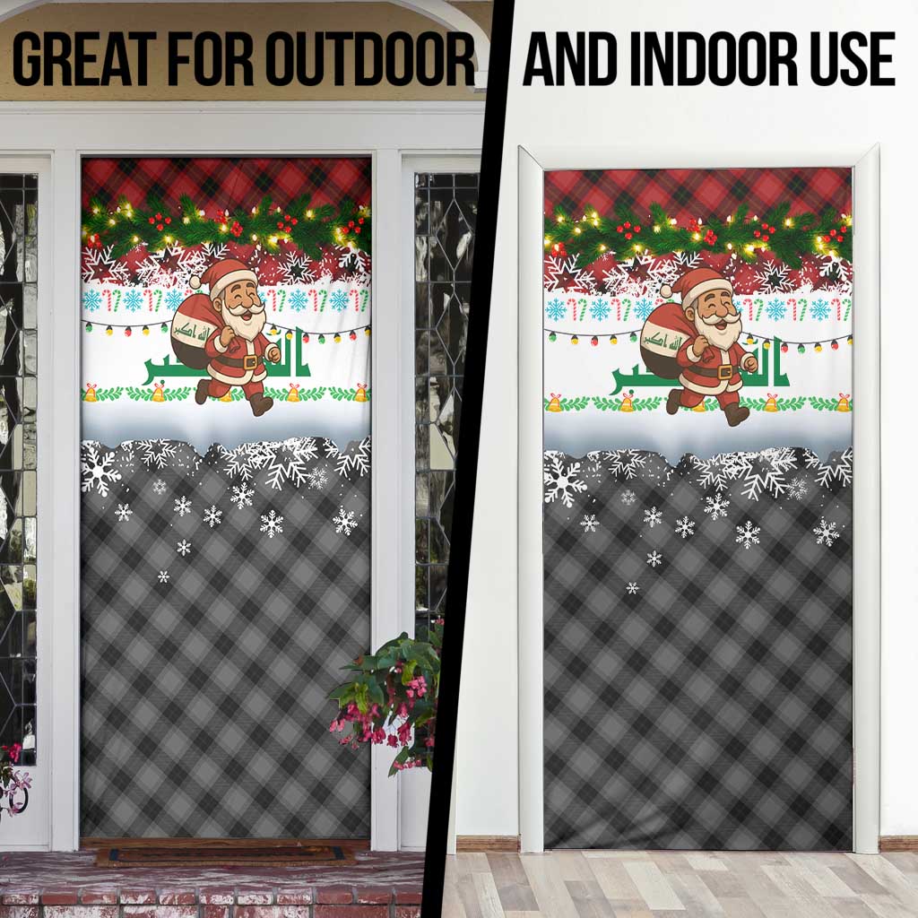 Iraq Christmas Door Cover with Santa Carrying Gift Bag Flag Garland and Snowflake Plaid Pattern - Wonder Print Shop
