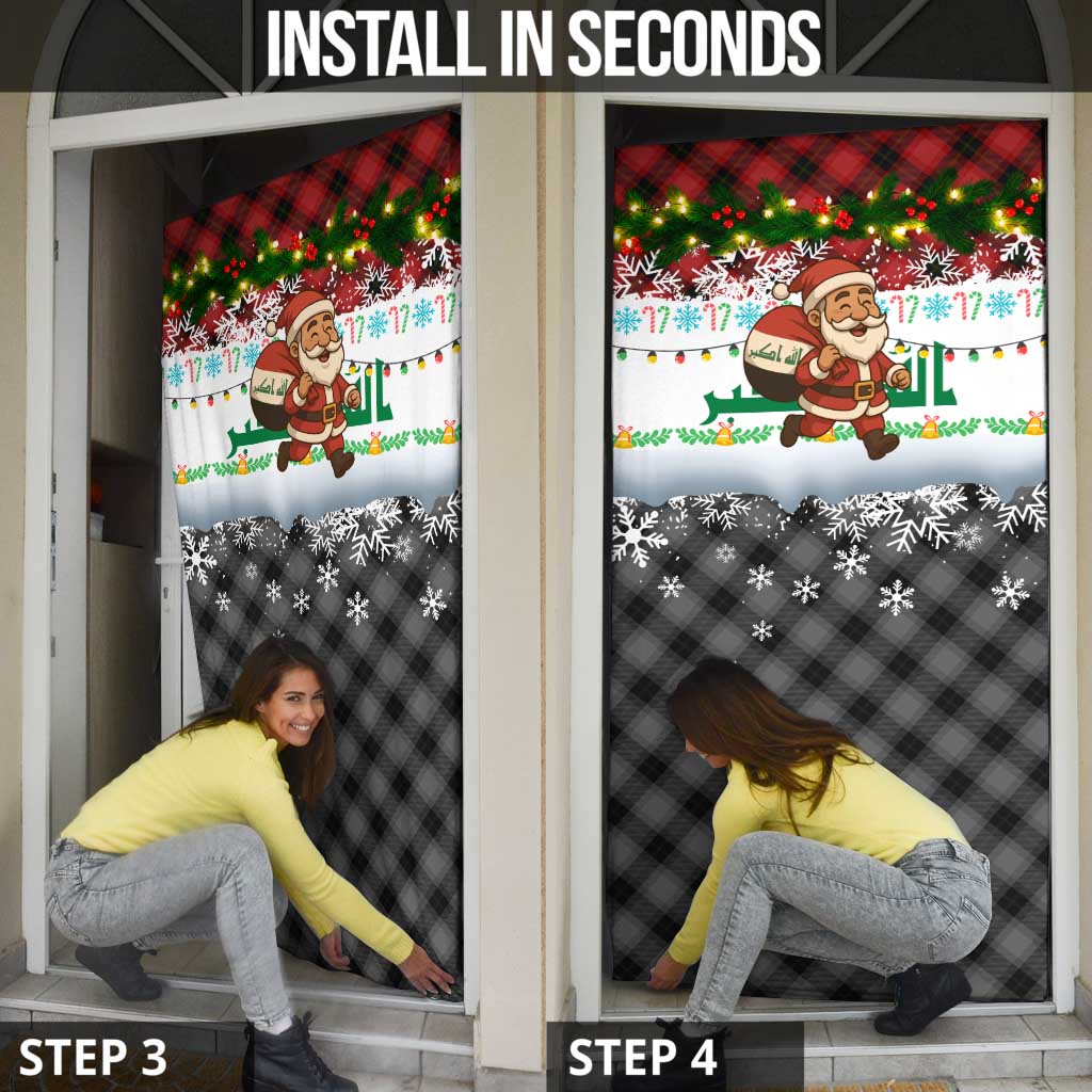 Iraq Christmas Door Cover with Santa Carrying Gift Bag Flag Garland and Snowflake Plaid Pattern - Wonder Print Shop