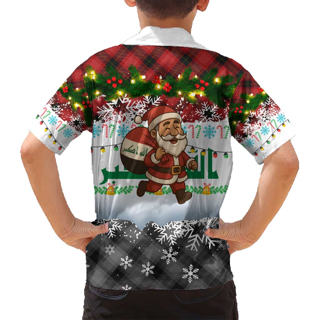 Iraq Christmas Family Matching Long Sleeve Bodycon Dress and Hawaiian Shirt with Santa Carrying Gift Bag Flag Garland and Snowflake Plaid Pattern - Wonder Print Shop